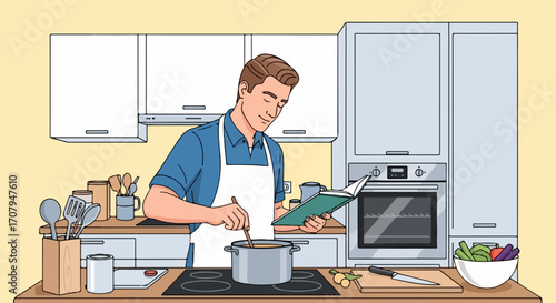 Cooking at home with man reading cookbook while stirring pot on stovetop. Cooking at home is enjoyable for many people, and preparing food from recipe is relaxing.
