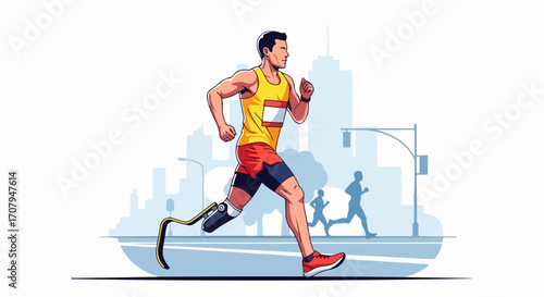 Man running in city. Adaptive athlete with prosthetic leg runs with determination and drive in urban environment. Healthy man running in city represents resilience and overcoming adversity,