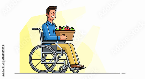 Man in wheelchair smiles while holding a box full of fresh produce. Man in wheelchair happily carries fruits and vegetables, showcasing independence.