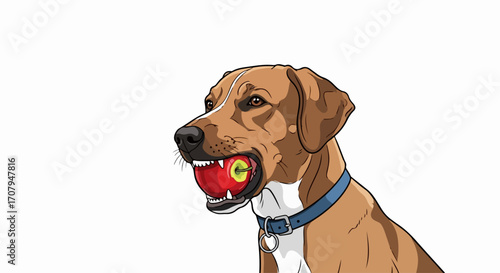 Cartoon dog with fruit, a whimsical drawing showcasing a cartoon dog holding a red apple in its mouth. Cartoon dog art offers fun representation of pets and healthy eating habits,