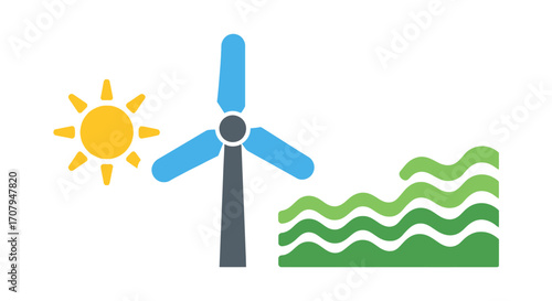 Renewable energy sources icon set with sun wind and waves.