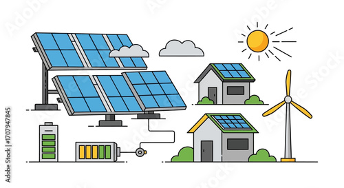 Renewable Energy Ecosystem - Solar Panels, Wind Turbine, and Battery Storage.