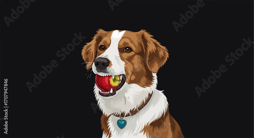 Portrait of a happy dog holding apple in its mouth with a joyful expression. Playful dog is holding apple with a sweet disposition, showcasing a heartwarming moment of pet ownership.