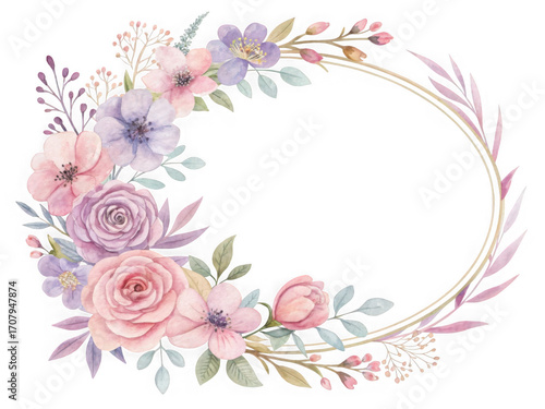 Delicate watercolor pastel floral oval frame for wedding and event designs isolated on white background