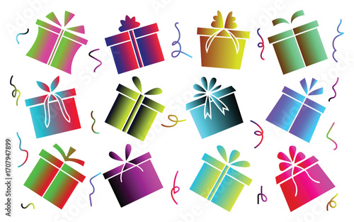 Colorful gift boxes with ribbons and confetti on a white background for celebration
