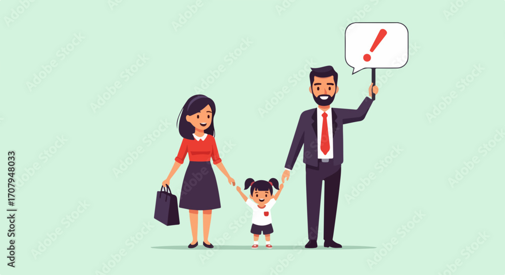 Obraz premium Family with child holding exclamation mark sign. Cartoon family stands together, holding hands in a parental moment, while also holding an exclamation mark sign.
