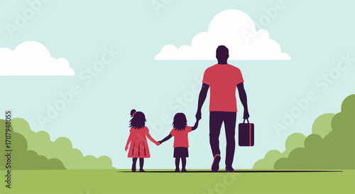 Father and daughters walking on green field holding hands, Father and daughters depicts family spending quality time together. Scene with father and daughters,