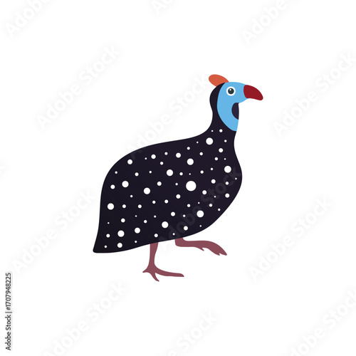 Guinea fowl illustration: A simple, yet captivating illustration of a guinea fowl, showcasing its unique spotted plumage and distinctive features. The design employs clean lines and bold colors.
