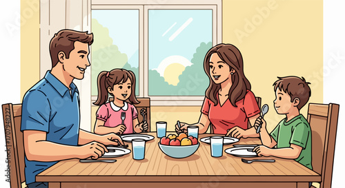 Family meal at home with father, mother, daughter, and son sitting at table sharing food together. Family meal shows togetherness and warm connection in dining room with sunlight.