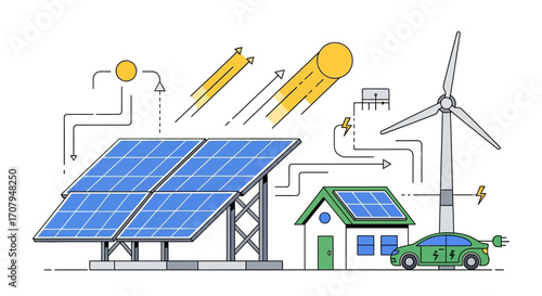 Renewable Energy System with Solar Panels, Wind Turbine, and Electric Car.