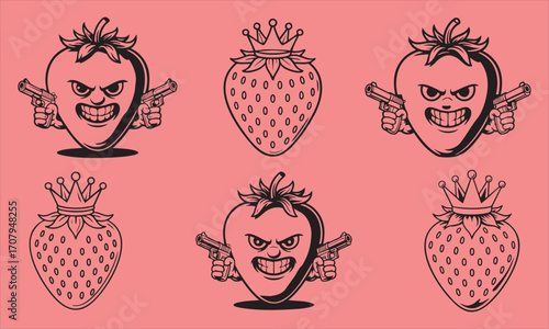 Gangster Strawberry Mascot Vector Set – Cool Cartoon Fruit Character with Guns and Crown