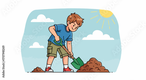 Boy digging ground with shovel, kid planting tree seedling. Young boy digging ground in sunny weather as he grows small plants, engaging in garden hobby.