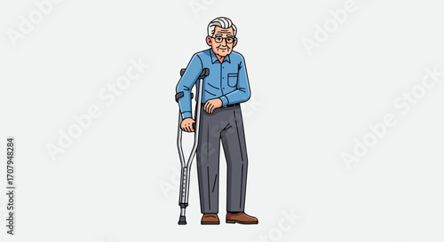 Senior man with crutches for walking support, senior man is depicted in a simple, flat illustration. Senior man uses walking assistance following an injury or illness.