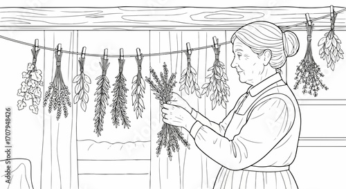 Aged woman dries herbs indoors, creating dried herbs bunches. Home crafting includes aromatic dried herbs, tied and hung up on a string, displaying her skill.