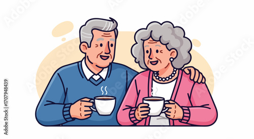 Illustration of elderly couple drinking, showing loving grandparents holding coffee cups and smiling in cozy ambiance. Elderly couple drinking illustrates connection and companionship in later life.