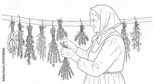 Elderly woman with herbs hanging up fresh herbs on rope to dry for tea. Hanging herbs bundles are her interest, skill and self employment. Concept hanging herbs for healthy life.