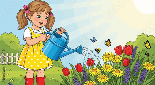 Girl watering flowers in sunny garden, with bright sky and greenery. Girl gardening, cheerfully tending colorful flowers with care, creating beauty outdoors.