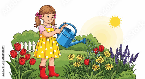 Girl in garden watering flowers with blue watering can and red boots. Girl in garden tending colorful blooms in her backyard, sunlight streaming behind her.