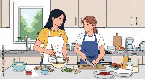 Cooking together in kitchen with mother and daughter preparing meal. Cooking together scene showcases mother and daughter bonding while chopping ingredients, fostering connection and family values.