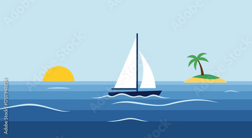 Sailboat on calm ocean near a tropical island.