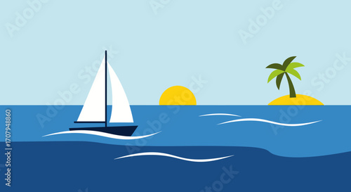 Sailboat sailing on the ocean towards a tropical island at sunset.