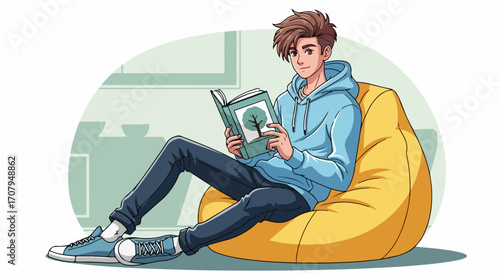 Cartoon man reading book, sitting comfortably on bean bag chair, lost in thoughts, while relaxing. Concept of reading book for mental health and enrichment, cartoon man relaxing on chair,