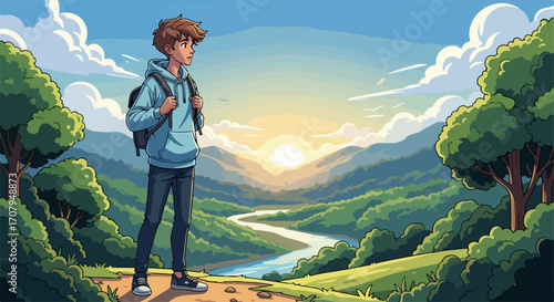 Person hiking in nature observing sunrise above mountain landscape, symbolizing freedom. Hiking in nature provides fresh air for mental clarity and improved physical fitness.