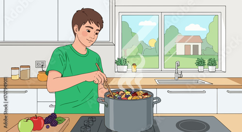 Young man cooking at home near stove. Man cooking healthy stew in pot on stove. Cooking is his hobby, this shows happy emotions and home comfort when man cooking for family, or his partner.