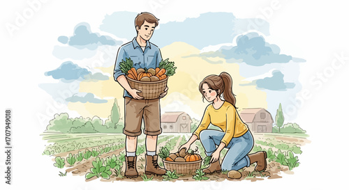 Two young farmers during harvesting fresh vegetables in field, enjoying their harvest together. Harvesting vegetables, they gather their crop from farm in woven basket.