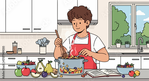 Illustration of fruit cooking with fresh fruit, a smiling person in kitchen stirs fruit for fruit cooking. Fruit cooking with open book in kitchen, sunny window.