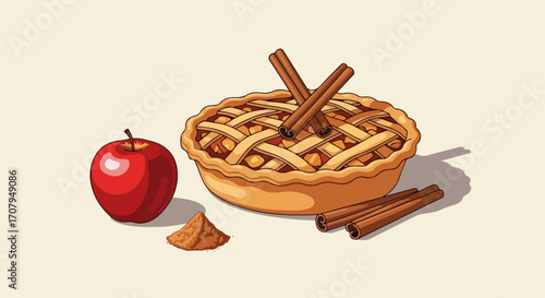 Homemade apple pie with cinnamon sticks evokes warmth and comfort. Apple pie, presented with a vibrant red apple, sits invitingly alongside the spiced cinnamon sticks, suggesting an oven fresh treat.