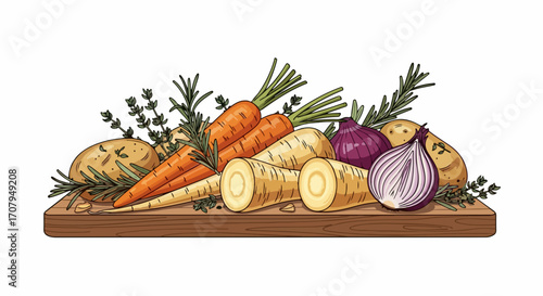 Fresh vegetables still life on wooden board presents vibrant carrots and parsnips. Assortment of fresh vegetables includes root vegetables and onions, potatoes and rosemary sprigs,