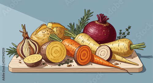 Root vegetables on a wooden cutting board show fresh organic food. Root vegetables display with colorful and nutritious elements. Use organic root vegetables for a healthy lifestyle,