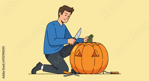 Preparing for Halloween with pumpkin carving and seasonal cheer. Halloween preparation involves carving a jack-o-lantern. Halloween carving adds to the spooky fun,