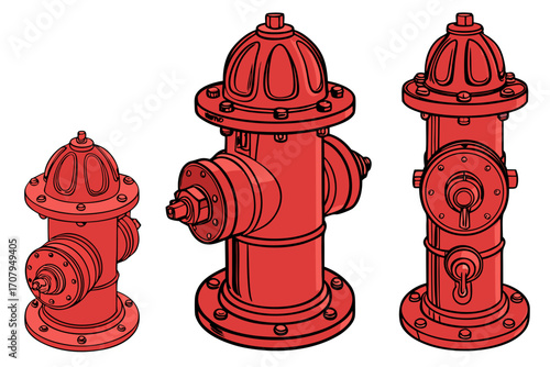 Iconic red fire hydrants in various classic designs, essential for urban safety and emergency services