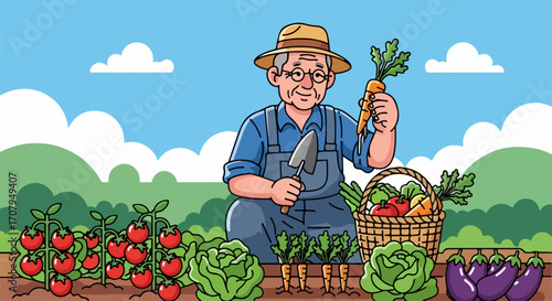 Senior man with gardening, illustrated vector of mature man holding small shovel and picking fresh carrot in garden. Gardening yields tomatoes and cabbage in organic garden.