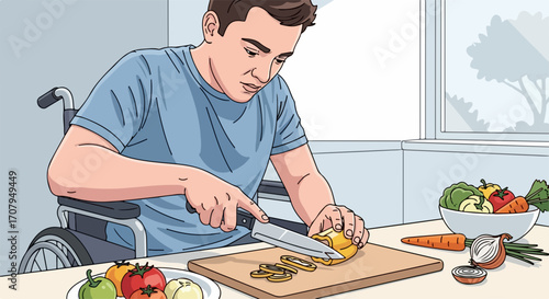 Person in wheelchair cooking vegetables in home kitchen, showing inclusive lifestyle. Person in wheelchair using knife to prepare healthy meal, fresh ingredients, colorful vegetables.
