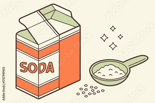 Bright soda box and measuring scoop with white powder ready for baking or cleaning projects