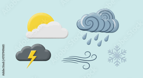 Set of various 3D style weather condition icons for forecast.