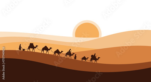 Silhouette of a camel caravan with people on a desert journey.