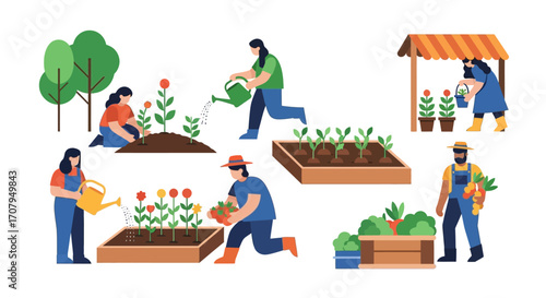 Set of vector illustrations showing people engaged in gardening activities.