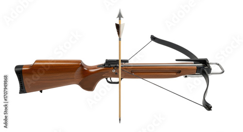 Φωτογραφία Isolated antique wooden crossbow and arrow weapon for target practice or hunting