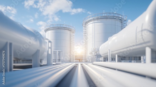 modern pipelines delivering hydrogen to Green Hydrogen Refueling Station storage tanks. Highlighting clean fuel industry and renewable infrastructure. 