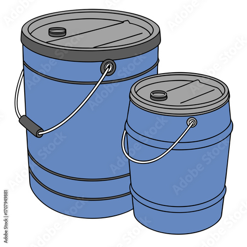 Two blue metal paint cans with gray lids sitting side by side on a white background for industrial or home improvement projects