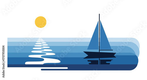 Simple blue sailboat illustration on a calm sea.