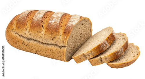 Photos Isolated loaf of multigrain bread with three slices, bakery food, wholesome nutr