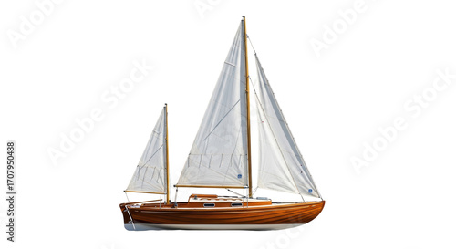 Isolated Yacht sailing boat, vintage style, with wooden hull and two white sails, afloat