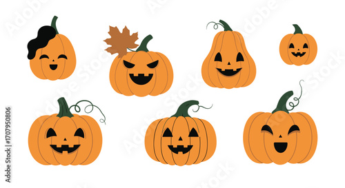 Collection of Happy Halloween Pumpkins with Carved Faces.