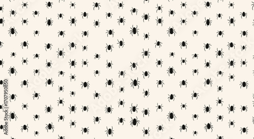Seamless Pattern of Black Spiders on a Light Beige Background.