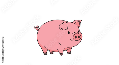 Cute Pink Pig Illustration on White Background.